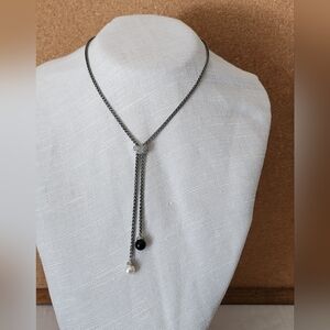 Town & Country Pavé Bean Clip Silver Lariat Necklace Black & White "Pearls" 925!